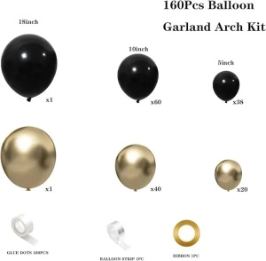 Tabel detaliat cu piesele dezumflate incluse intr-un set arcada baloane aniversare Black & Gold, aratand cantitatile pentru baloanele negre si aurii.