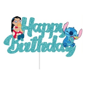 Topper Tort Lilo Stitch Albastru Glitter Happy Birthday TOP153