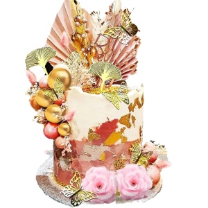 Decoratiune Tort Cu Fluturasi Gold Si Flori Roz - Img 5