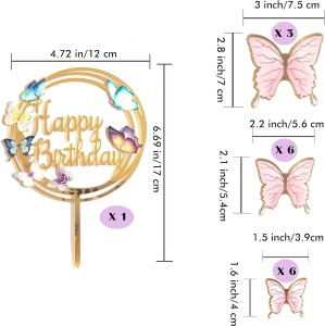 Decoratiune Tort Fluturi Roz Și Topper Happy Birthday - Img 2