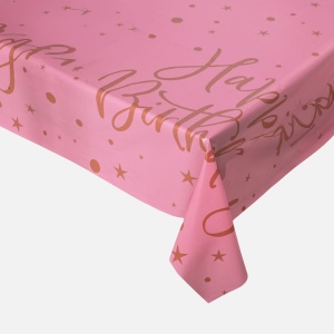 Față de Masă Petrecere Happy Birthday Roz cu Baloane Aurii – 180 x 120 cm