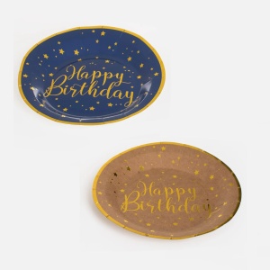 Farfurii aniversare Happy Birthday albastre cu folie aurie, set 6 bucăți