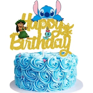 Topper Tort Lilo Stitch Happy Birthday Auriu Glitter Decor Petrecere TOP154