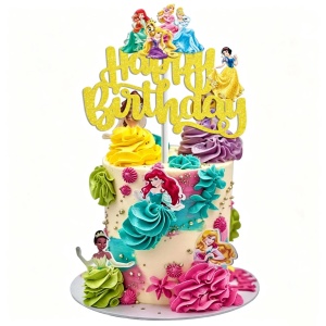 Topper Tort Printese Happy Birthday Auriu cu Sclipici TOP211