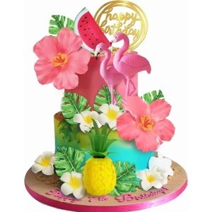 Decoratiune Tort Tematica Tropicala cu Flori si Frunze Decorative - Img 3