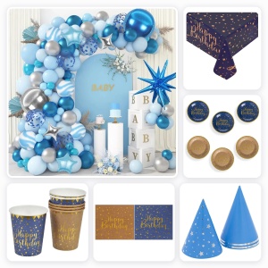 Pachet Aniversare Albastru Auriu cu Arcada 146 Baloane si Accesorii Masa pentru 6 Invitati