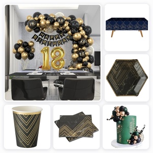 Pachet Petrecere Majorat Negru Gold cu Arcada 97 Baloane si Accesorii Masa pentru 6 Invitati