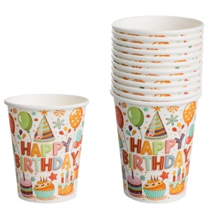 Set 12 Pahare Petrecere Happy Birthday cu Baloane și Cadouri – 240 ml