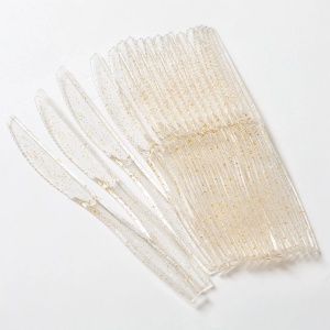 Set 18 cuțite reutilizabile transparente cu glitter auriu, 16,8 cm