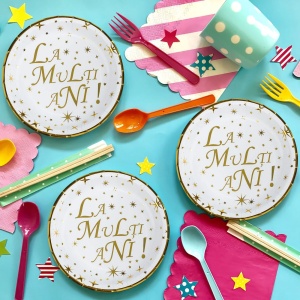 Set 6 Farfurii Elegante Gold Alb La Multi Ani 18 cm