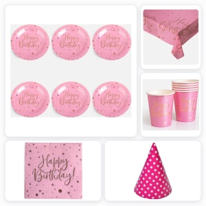 Set Accesorii Masa Petrecere Happy Birthday Roz pentru 6 Invitati