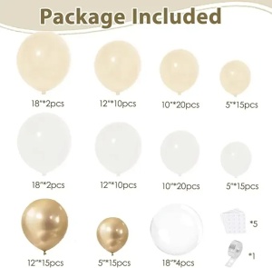 Tabel detaliat cu piesele dezumflate incluse intr-un set arcada baloane aniversare Boho Cream & Gold, aratand cantitatile pentru baloanele ivory, albe, champagne gold si Bobo.