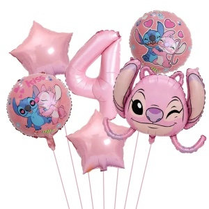 Set Baloane Aniversare 4 Ani Tematica Stitch și Angel Roz SET312-4