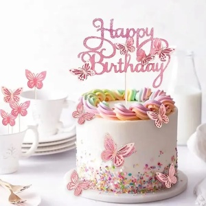 Set Topper Tort Happy Birthday Roz Glitter Cu Fluturi Decor Party TOP147