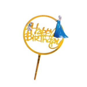 Topper Tort Elsa si Olaf Happy Birthday Auriu Oglinda Rotund TOP208