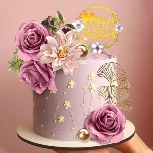 Decoratiune Tort Tematica Floral Elegant cu Elemente Aurii - Img 3