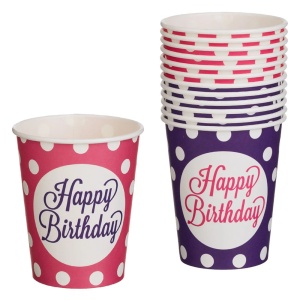 Set 12 Pahare Aniversare Petrecere Roz Mov Cu Buline PHR49