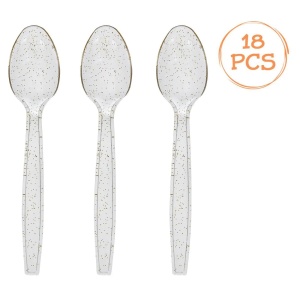 Set 18 Lingurite Din Plastic Transparent Cu Glitter Auriu TAC30