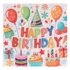 Set 20 Șervețele Petrecere Happy Birthday cu Baloane și Cadouri – 33 x 33 cm