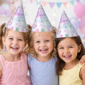 Set 6 coifuri de petrecere Happy Birthday cu fluturi roz și verde mentă, 16 cm