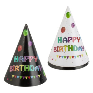 Set 6 Coifuri Petrecere Happy Birthday Negre cu Baloane Colorate – 16 cm