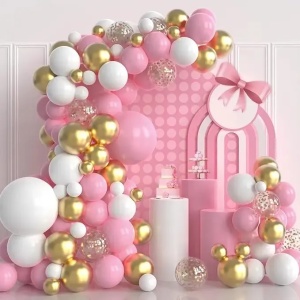 Set Arcada Baloane Aniversare Roz si Alb 100 Piese cu Baloane Confetti Aurii ARC197