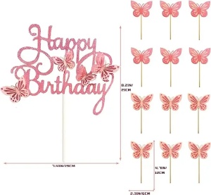 Set Topper Tort Happy Birthday Roz Glitter Cu Fluturi Decor Party TOP147 - Img 2