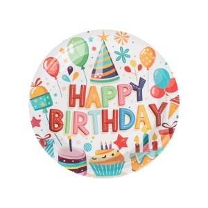 Set 12 Farfurii Petrecere Happy Birthday cu Baloane și Cadouri – 18 cm