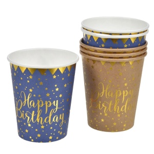 Set 6 Pahare Petrecere Happy Birthday cu Stele, Albastru și Auriu – 240 ml