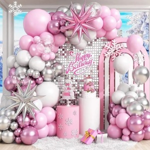 Set Arcada Baloane Roz si Argintiu 108 Piese Decor Aniversare Fetite ARC184