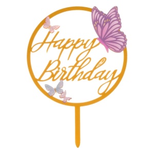 Topper Tort Auriu Happy Birthday Cu Fluturasi TOP136