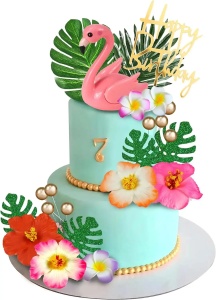 Decoratiune Tort Tematica Tropicala cu Flori si Frunze Decorative - Img 4