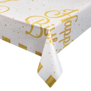 Fata De Masa Aniversare Petrecere Happy Birthday Alb Gold FDM63 - Img 2