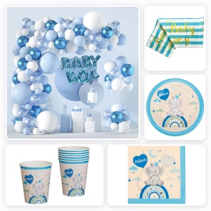 Pachet Botez Baiat cu Arcada 116 Baloane si Accesorii Masa Elefantel pentru 6 Invitati