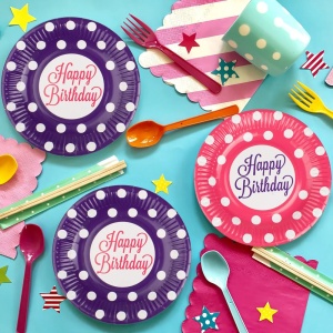 Set 12 Farfurii Aniversare Petrecere Roz Mov Cu Buline 23 cm FRF101 - Img 2