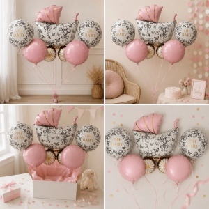 Set 5 Baloane Oh Baby Carucior Roz - Decor Baby Shower SET334 - Img 3