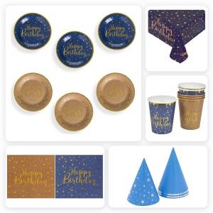 Set Accesorii Masa Petrecere Happy Birthday Albastru Auriu pentru 6 Invitati