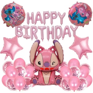 Set Baloane Aniversare Happy Birthday Tematica Stitch Roz SET310