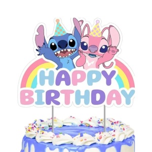 Topper Tort Stitch și Angel Happy Birthday Curcubeu Decor Aniversar TOP170