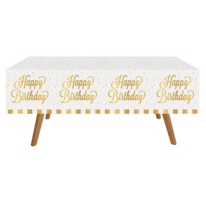 Fata De Masa Aniversare Petrecere Happy Birthday Alb Gold FDM63
