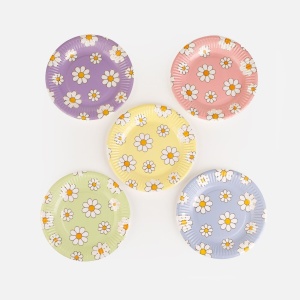 Set 25 Farfurii Petrecere cu Margarete și Detalii Aurii – 18 cm