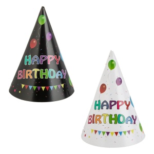 Set 6 Coifuri Petrecere Happy Birthday Negre cu Baloane Colorate – 16 cm - imagine 2