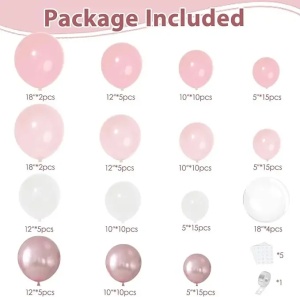Tabel detaliat cu piesele dezumflate incluse intr-un set arcada baloane aniversare Soft Pink & Rose Gold, aratand cantitatile pentru baloanele roz, blush, albe, metalizate si Bobo.