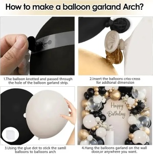 Prezentare eleganta pentru un set arcada baloane Black, White & Gold, montat asimetric cu baloane metalizate si transparente tip Bobo.