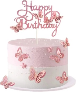 Set Topper Tort Happy Birthday Roz Glitter Cu Fluturi Decor Party TOP147 - Img 3