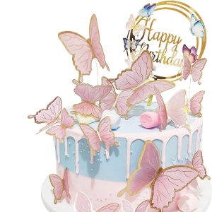 Decoratiune Tort Fluturi Roz Și Topper Happy Birthday
