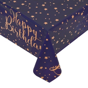 Față de Masă Petrecere Happy Birthday cu Stele, Albastru și Auriu – 180 x 120 cm