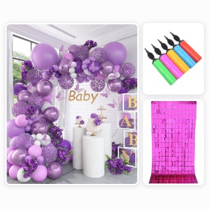 Pachet Kit Arcada 97 Baloane Mov cu Fluturasi cu Perdea Mov si Pompa