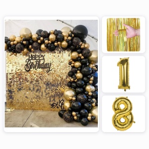 Pachet Majorat 18 cu Arcada 136 Baloane Perdea Aurie si Cifre Gold 1 si 8