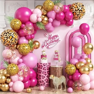 Set Arcada Baloane Aniversare Safari Pink 100 Piese cu Baloane Leopard si Aurii ARC185
